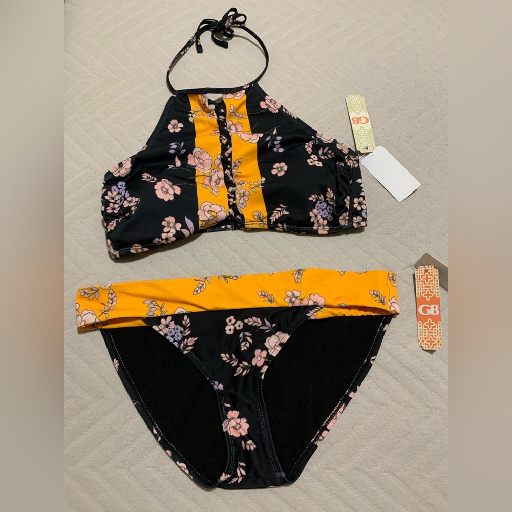 NWT Gianni Bini Bikini Set L Floral Halter Top & High-Waist Bottoms Boho Beach